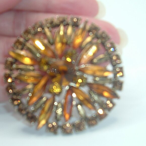 Vintage Amber RHINESTONES Brooch Pin 2" Retro Fall Orange Autumn Gold - Picture 3 of 3